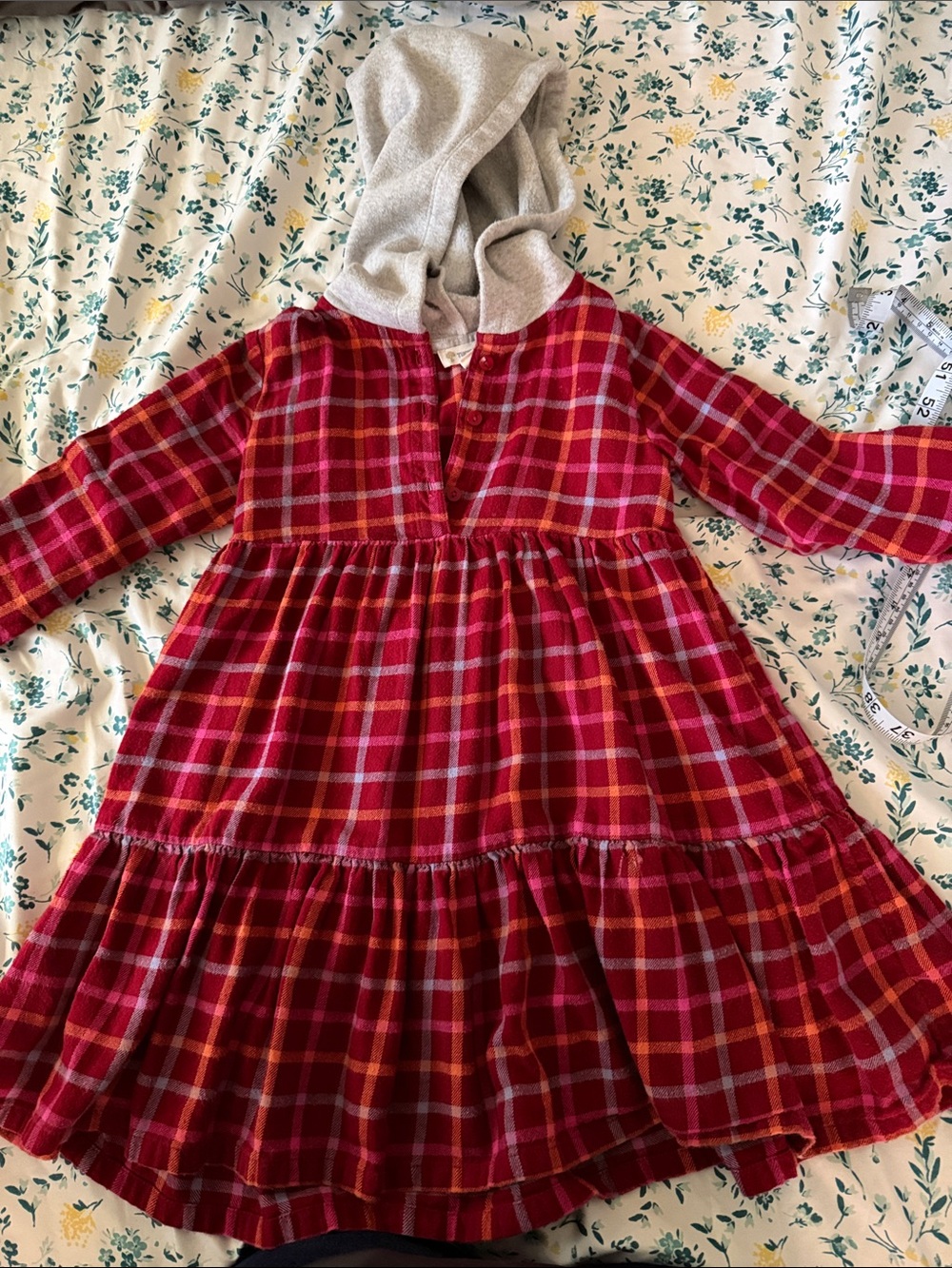 Tucker + Tate Red Plaid Hooded Flannel Dress with Gray Hood